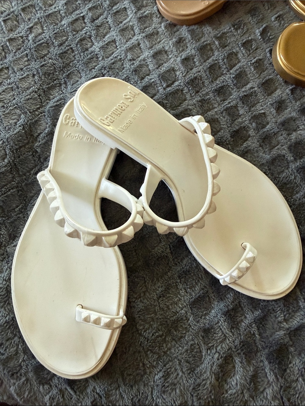 Studded White Toe-Ring Slide Sandals - Women